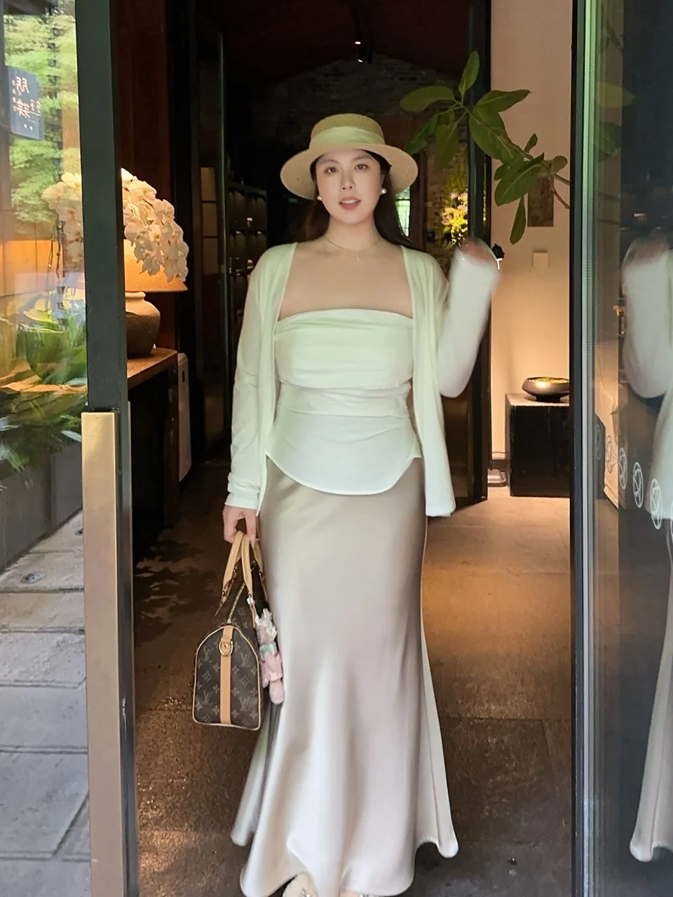 

Laid-back Linen Satin Wrap around Crop Top And Long Skirt Set Vintage Style plus Size Women's Clothing Spring Season Long Sleeve