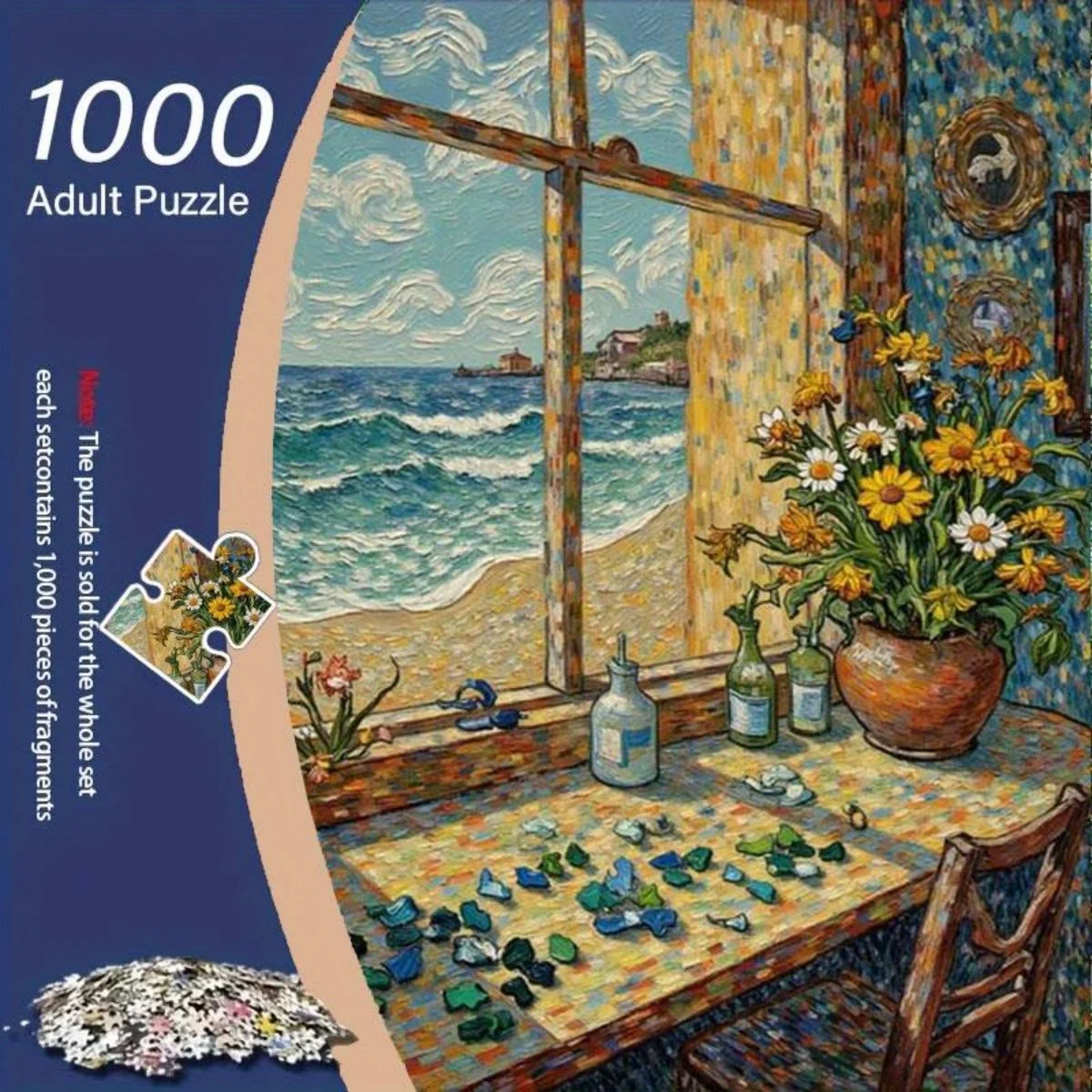 

1000pcs Adult Puzzle - Coastal Window Scene with Sunflowers, Ocean View & Pebbles - Oil Painting Texture Jigsaw - Large Framel