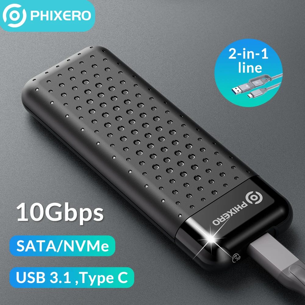 PHIXERO M.2 NVME SSD Enclosure NGFF SATA External Case M2 USB 3.1 Type C 6Gbps 10Gbps B/M Key HD Storage Box House for PC Laptop