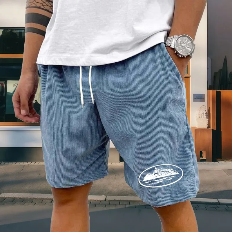 

Men's Summer Corduroy Shorts with Trendy Printed Casual Loose Elastic Waist Drawstring Bermuda Shorts