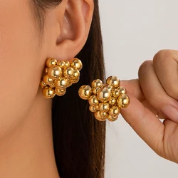 Ingemark Unique Braided CCB Plastic Ball Bead Stud Earrings for Women Trendy Goth Gold Color Piercing Earring Party Jewelry Gift