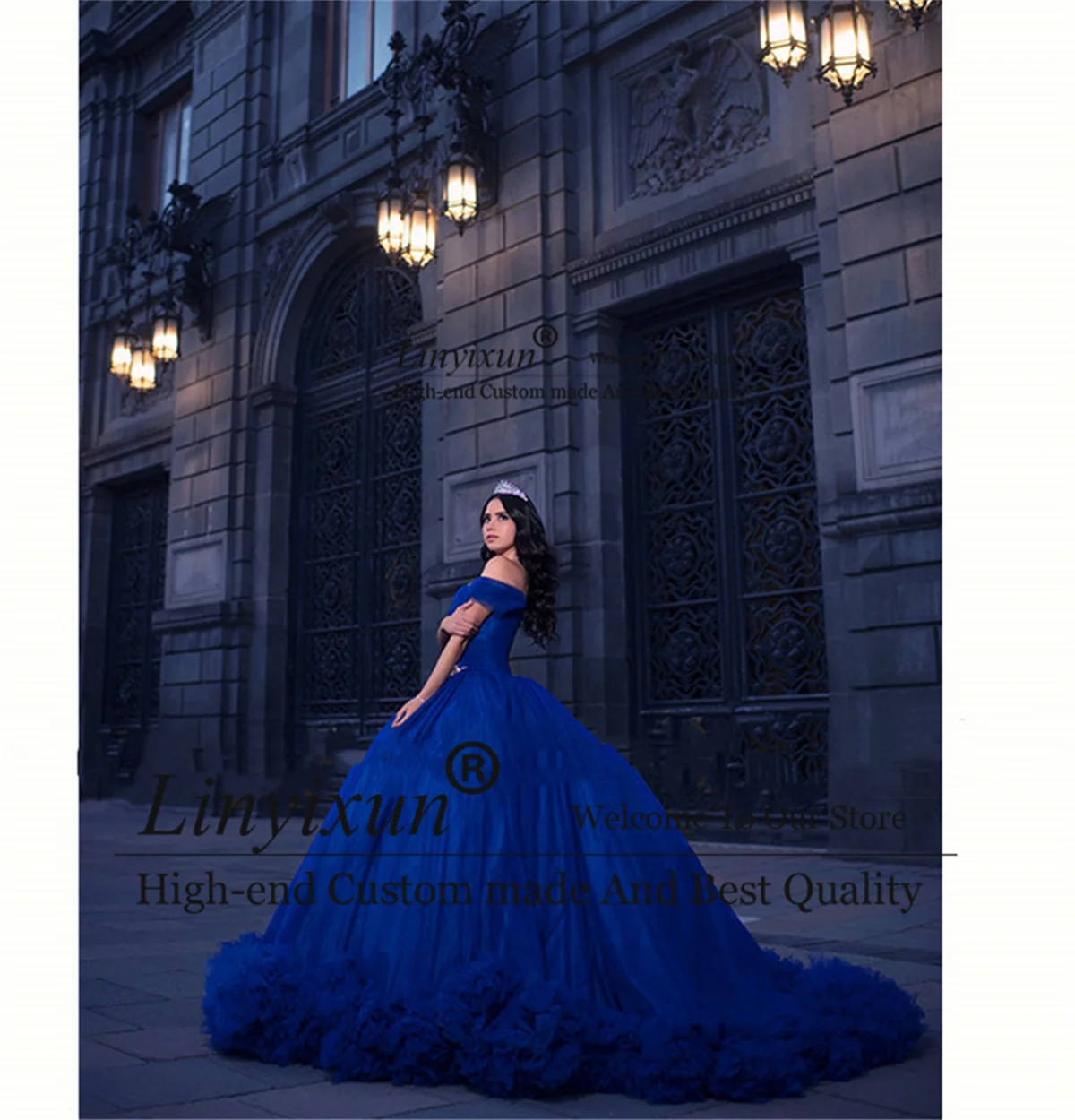 Royal Blue Ball Gown Quinceanera Dresses Off Shoulder Ruched Bottom Sweet 15 16 Dress Lace Up Court Train Vestido De 15 Anos