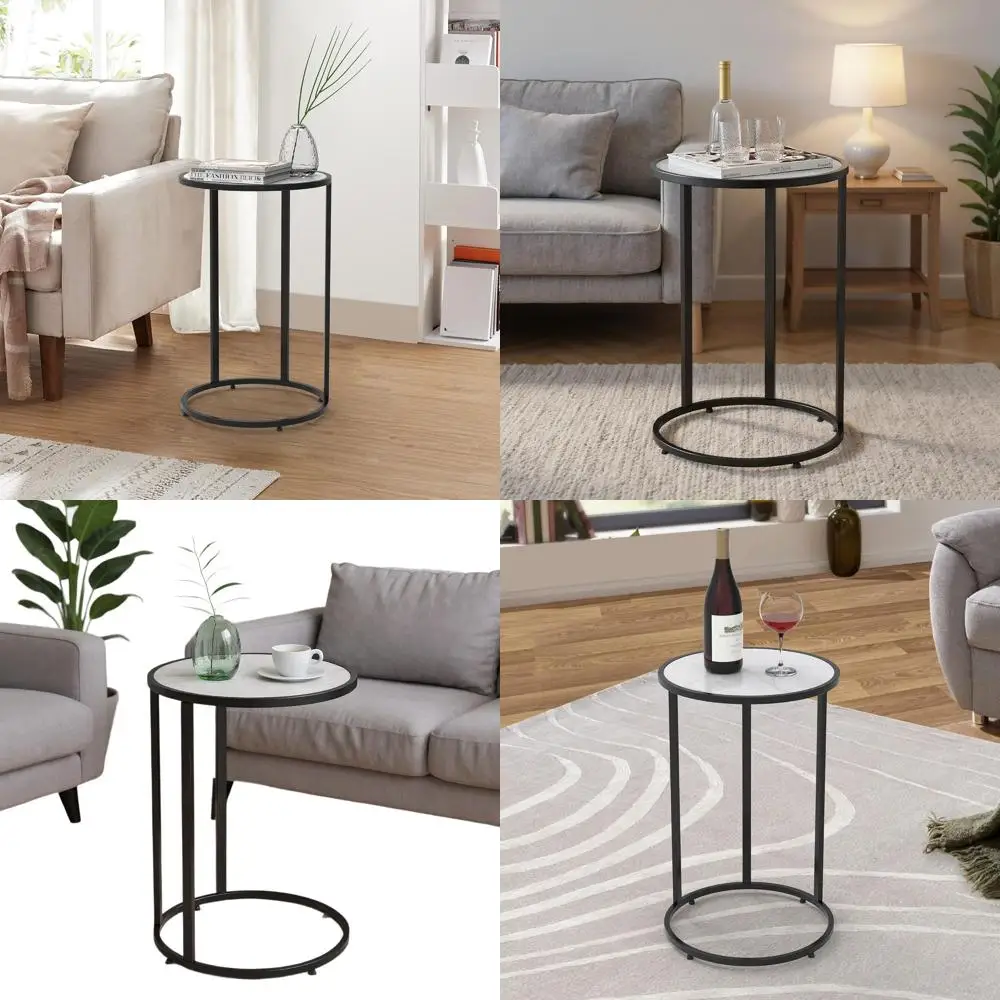 

Круглый приставной столик с С-образным дизайном, выдвижным хранилищем под диваном, дополнительной мраморной столешницей для гостиных и спален, черный, размер M