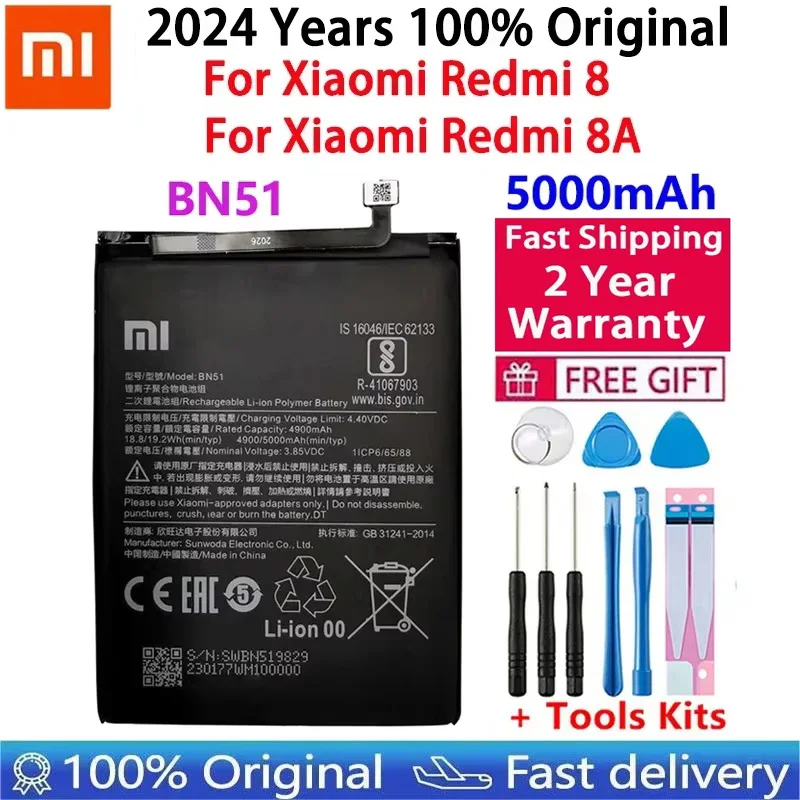 

2024 года, 100% оригинальный аккумулятор BN51 5000 мАч для Xiaomi Redmi 8 Redmi 8A Redmi8, сменные аккумуляторы, быстрая доставка