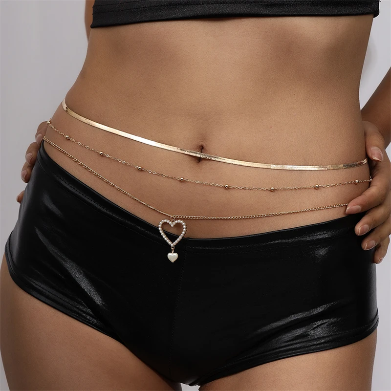 

Sexy Pearl Heart Pendant Waist Chain Belt Jewelry for Women Summer Beach Bikini Decora Multi Layer Belly Chain Body Accessories