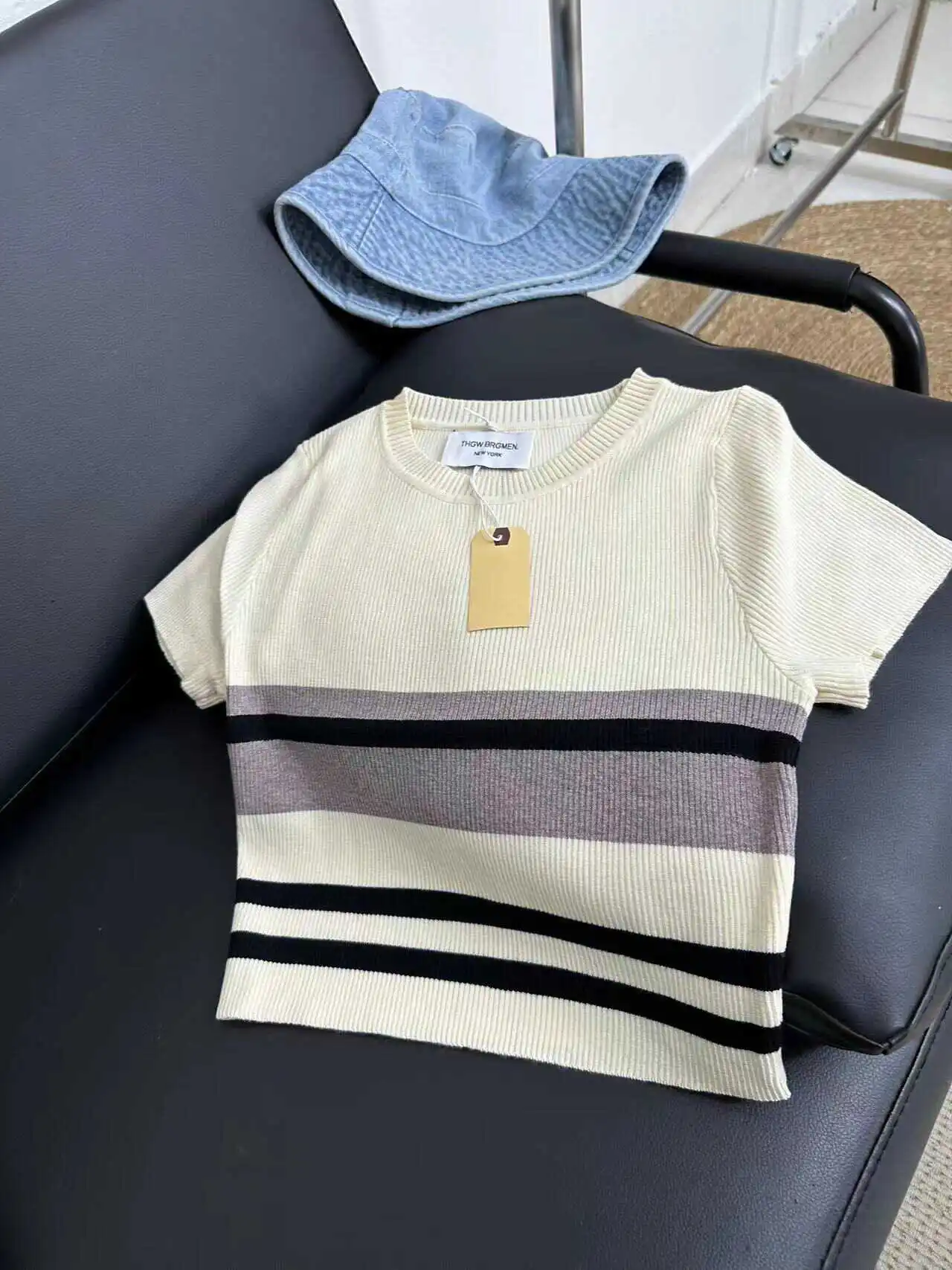 

Faionable Knitted ort Sve Women's T-irt Color Blo Striped Slim Fit Summer Top oulder Width Regular Length Casual...