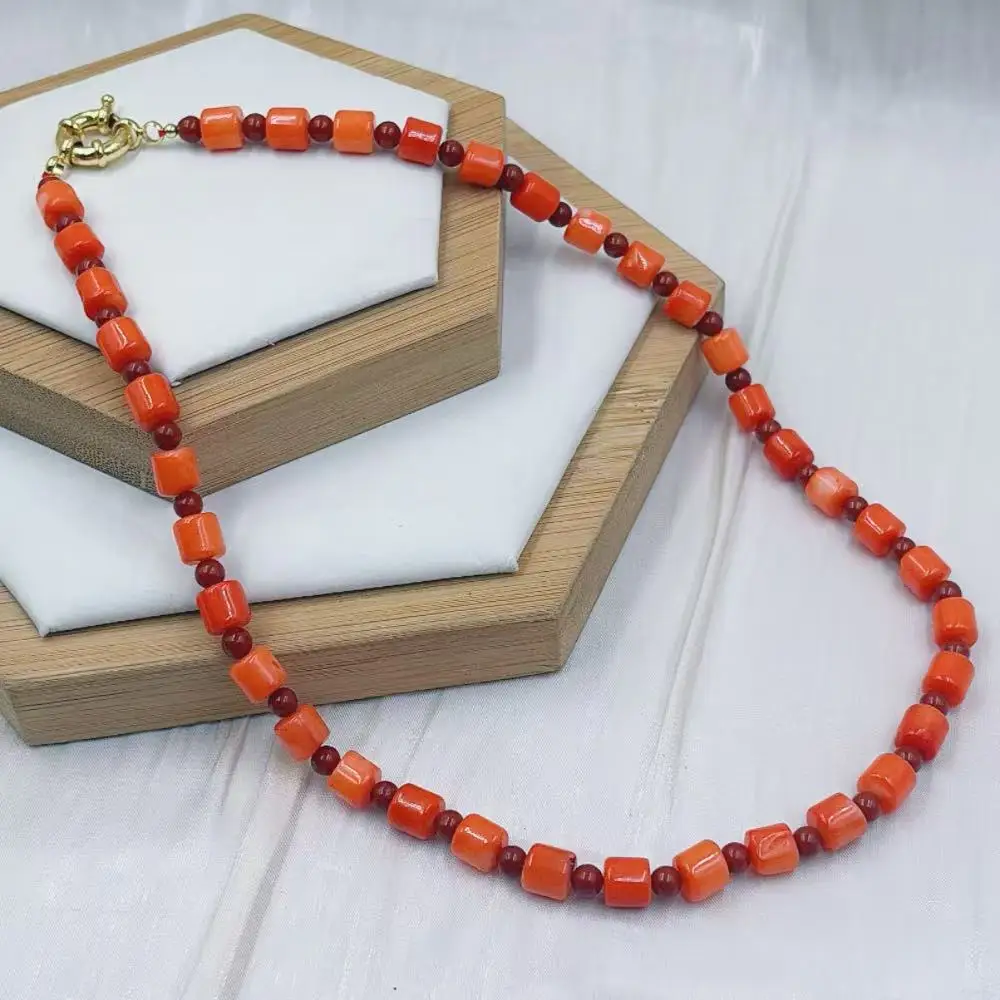 Fashion Girlfriend Birthday Jewelry Gift Red Jasper Drum Orange Natural Sea Bamboo Coral Necklace