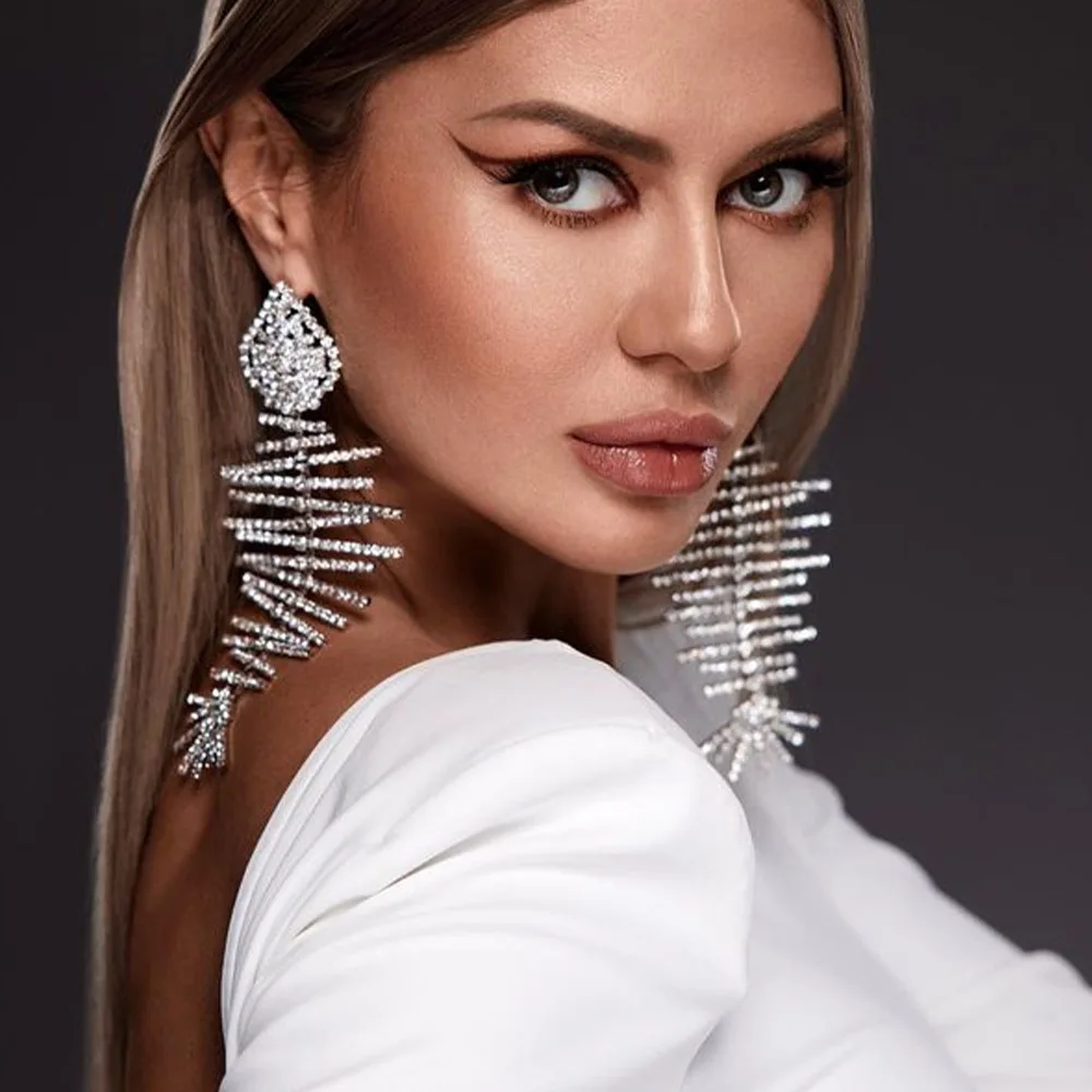 

New Fashion Rhinestones Big Fishbone Design Earrings for Women, Elegant and Personalized Dangle Earrings