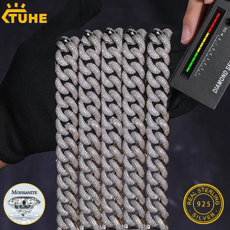 

TUHE унисекс, большая классическая кубинская цепочка, ожерелье с муассанитом Iced Out, серебро 925 пробы для мужчин, ювелирные изделия в стиле хип-хоп, мужские ювелирные аксессуары