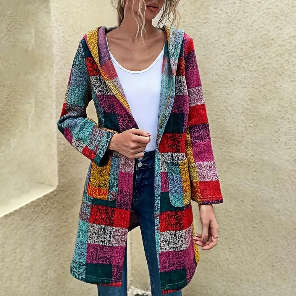 Women woolen coat Plaid Hooded Cardigan Long Sleeve Zipper Pocket Coat Casual Plaid Jacket Stylish Plaid Checkered Sweatshirt