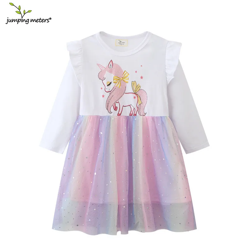 

Jumping Meters Long Sleeve Princess Rainbow Children's Costume Autumn Spring Hot Selling Baby Birthday Tutu Dresses Kids Frocks