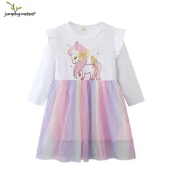 Jumping Meters Long Sleeve Princess Rainbow Children's Costume Autumn Spring Hot Selling Baby Birthday Tutu Dresses Kids Frocks