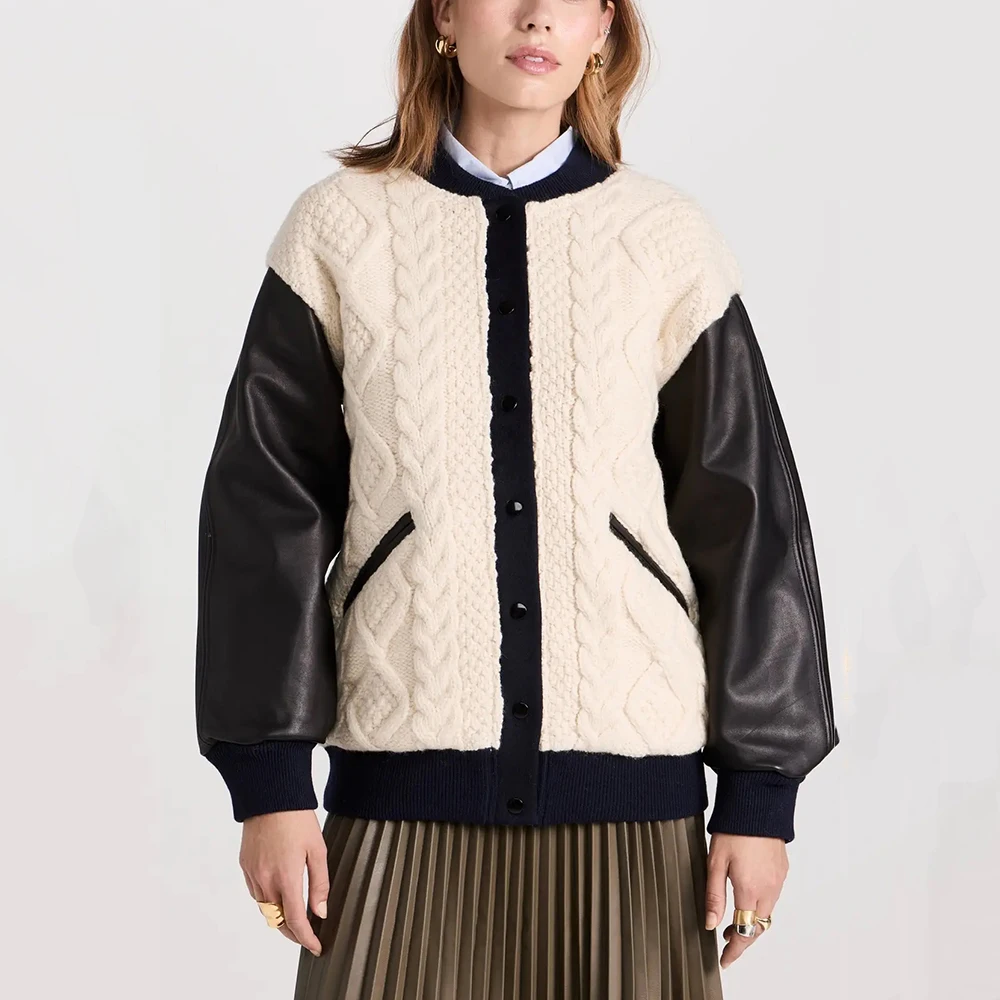 Women's Wool Blend Down Jacket, Leather Patchwork, Knitted Duck Down Filled, Thickened Warm Jacket, Y2k, New, Winter, 2024