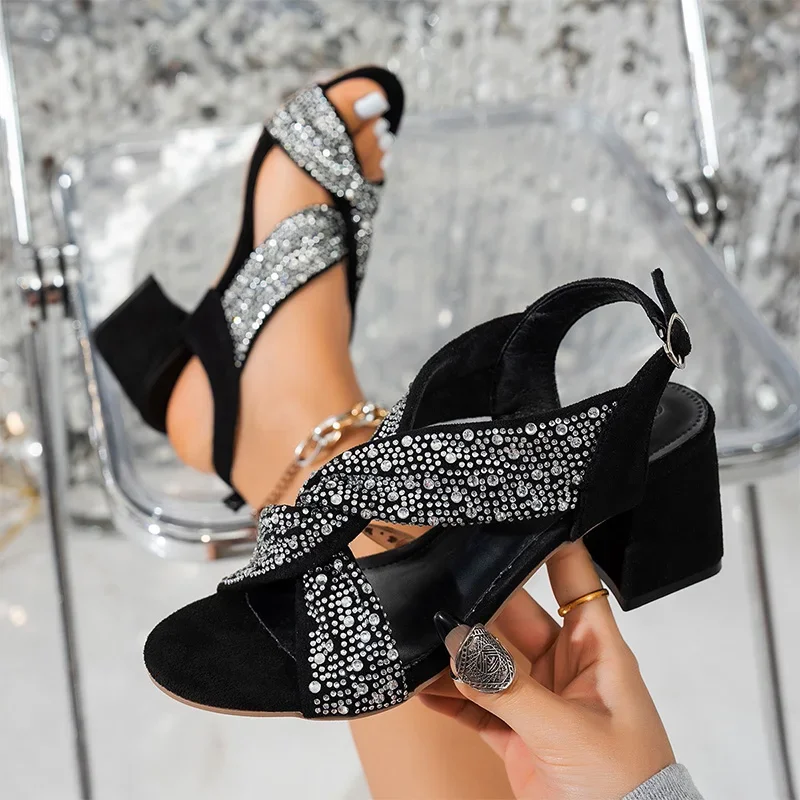 Design de luxo strass cruz cinta sandálias femininas grosso salto alto volta cinta gladiador sapatos mulher festa preto sandalias mujer