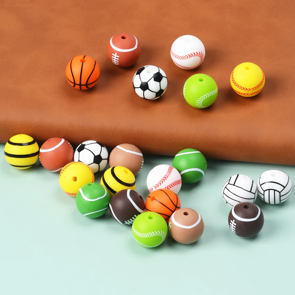 LOFCA 10Pc Printed Silicone Beads Round 15MM Soccer Baseball Tennis Basketball Silicone Printed Bead DIY Jewelry Accessories