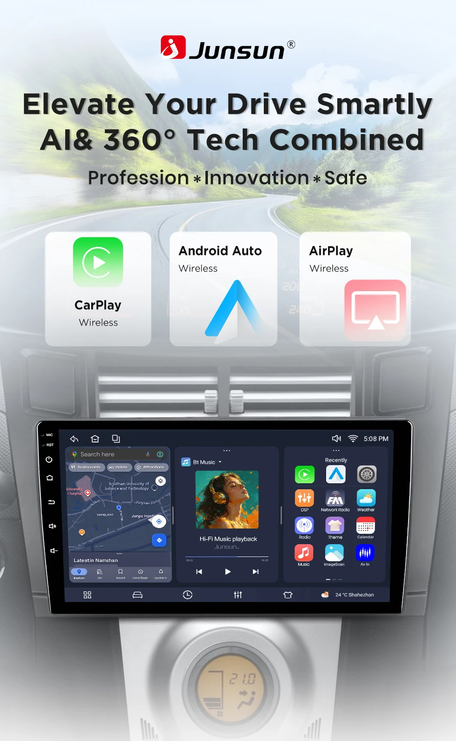 Junsun Android 15 Intelligente Autosysteme für Toyota Yaris Vizi 2005-2012, KI-gestütztes kabelloses CarPlay für Apple Auto – Detail 2