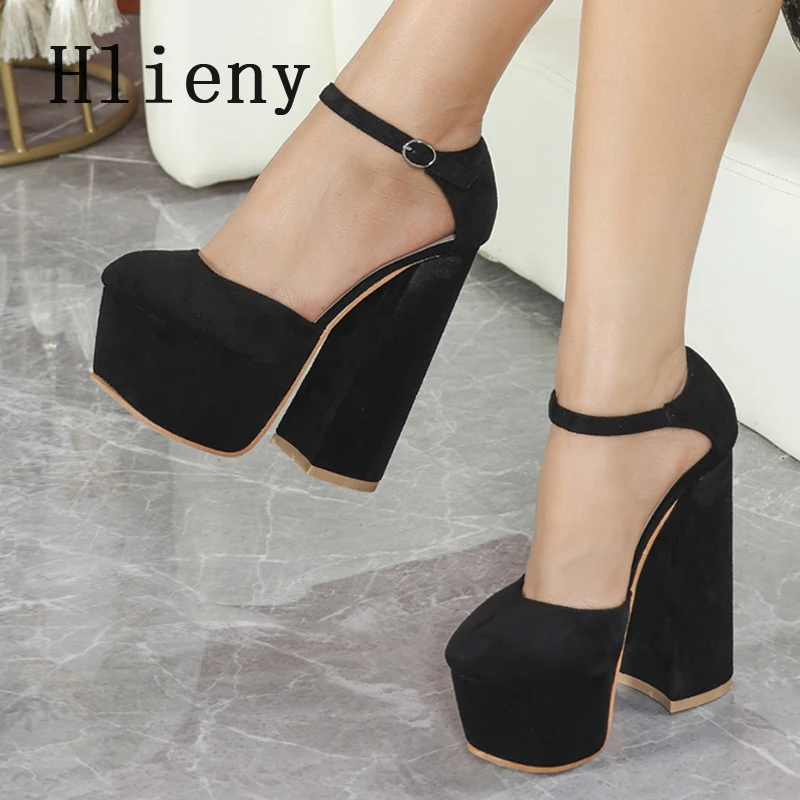 Hlieny Schwarze Modische Runde Zehen-Plateau-Pumps Damen Mode Schnallenriemen-Sandalen Extrem Hohe Quadratische Absätze Partyschuhe