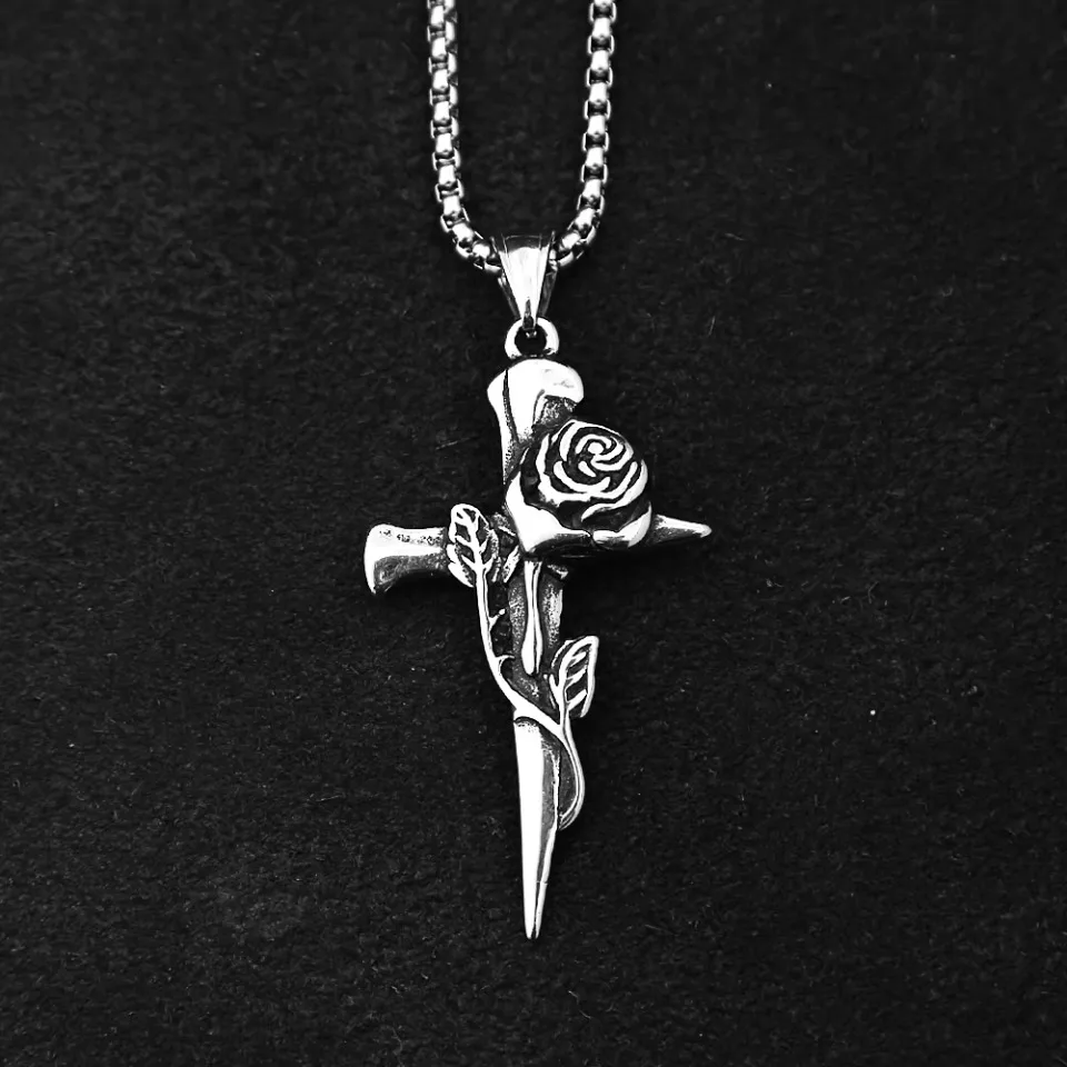 Einzigartige Vintage Kreuz Rose Anhänger Halsketten Für Männer Frauen 316L Edelstahl Punk Biker Party Amulett Schmuck Geschenke Großhandel