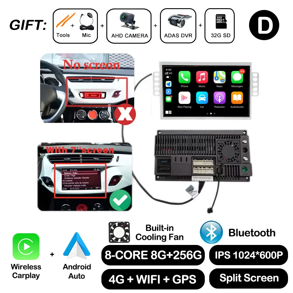 7 "Android Auto Voor Citroen C3 DS3 Autoradio Multimedia Speler Monitor Stereo Navigatie GPS BT Draadloze Carplay Touchscreen - afbeelding 1