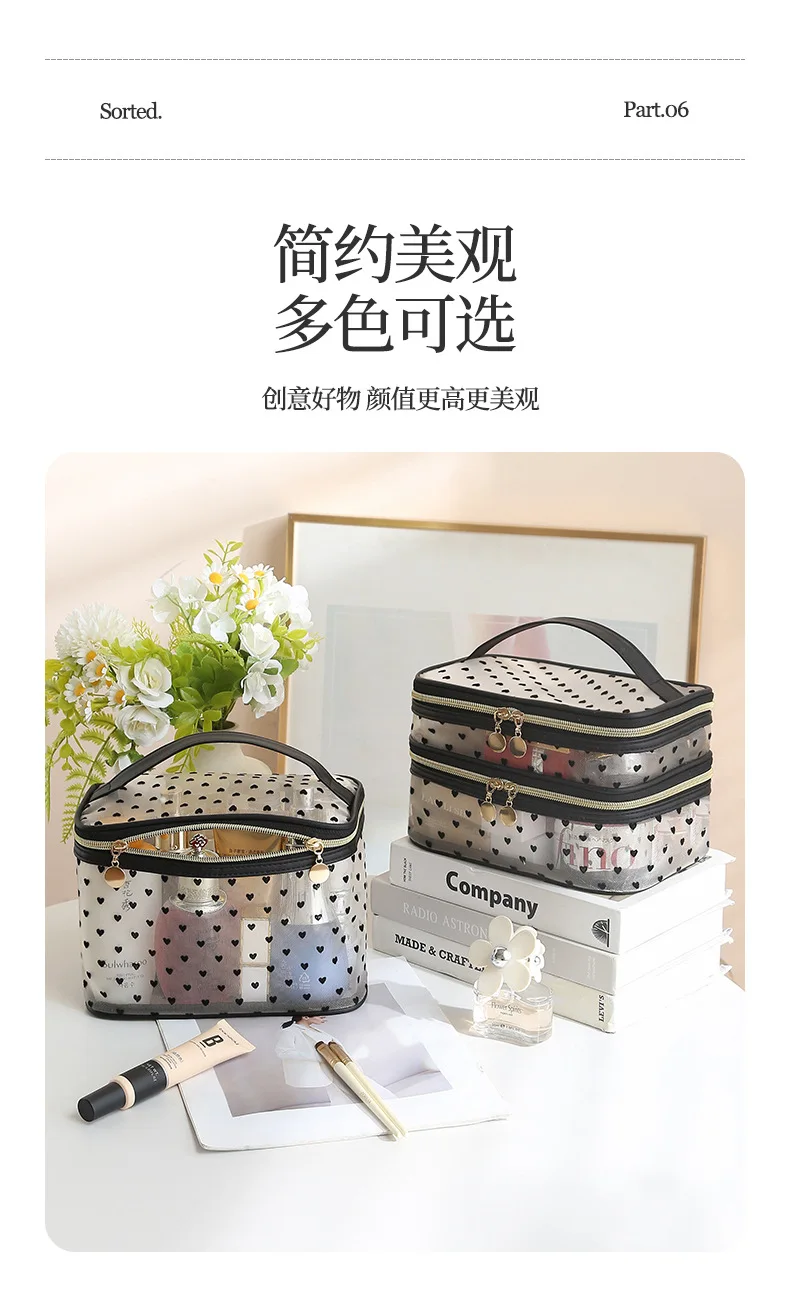 Doppelschichtige schwarze Mesh-Kosmetiktasche für Reisen, tragbar, großes Fassungsvermögen, Make-up-Koffer, Organizer, Aufbewahrungstasche, Kulturbeutel mit Reißverschluss – Detail 9