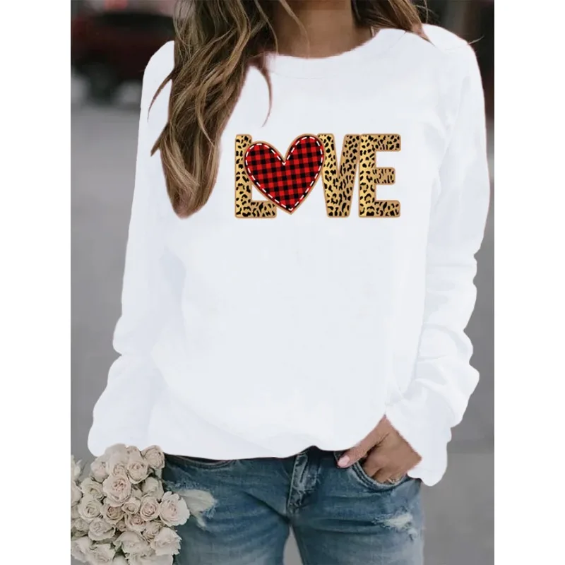 Valentine's Day New Crewneck Long-sleeved Pullover Casual Leopard Print Love Printed Fleece Hoodie Streetwear Women  Sweatshirts