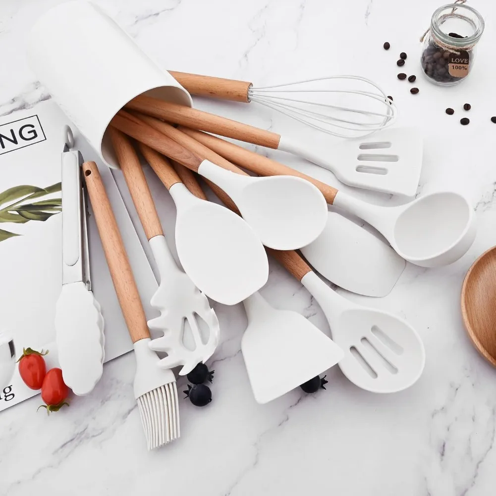 12Pcs Silicone Kitchen Utensil Set Heat Resistant Non-Stick Spatula Soup Ladle Turner for Baking & Frying Cooking Tools