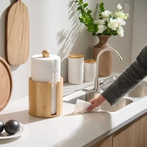 

Bamboo Standing Kitchen Paper Towel Dispenser With Wooden Knob Top, Non-Slip Base, Smooth Sheet Pull, Fits 6.3 Inch Rolls