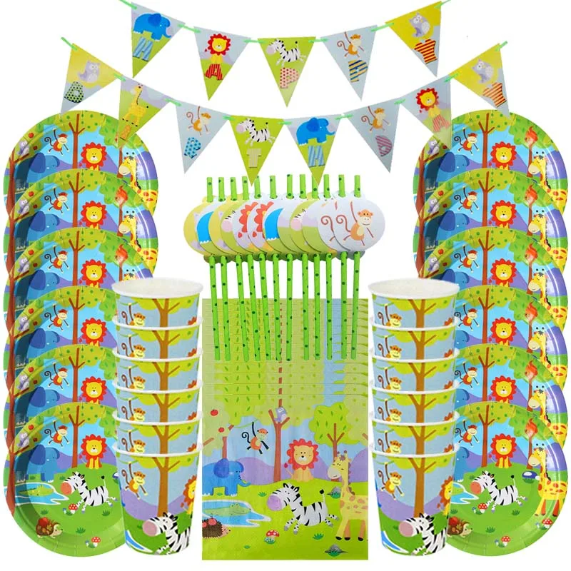 Safari Party Disposable Tableware set Jungle Animal Party Ballons kids 1 2 3 4 5 6 7 8 9 Years Birthday Party decorations Baby