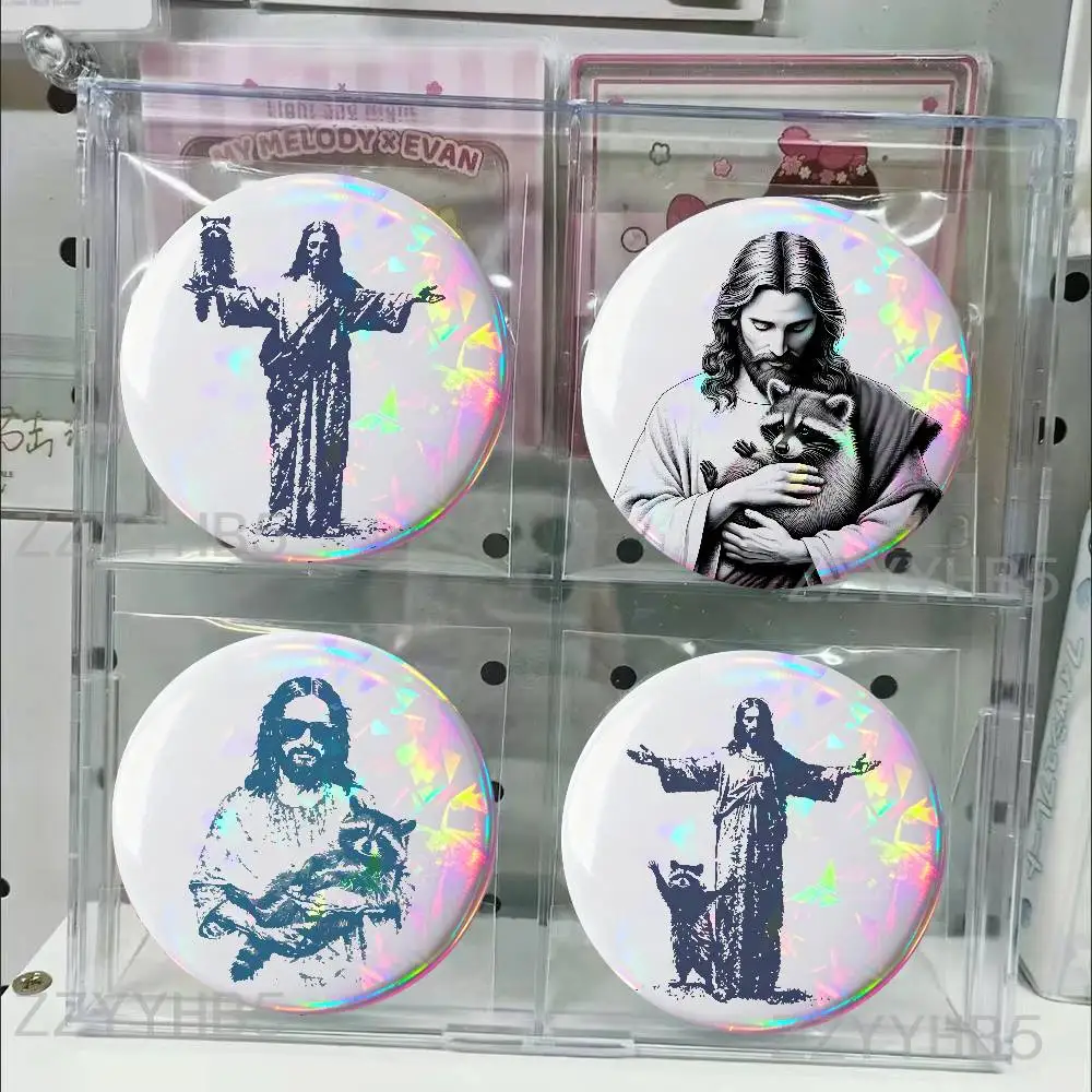 

Jesus Raccoon Enamel Pin Tinplate Round Brooch Badges 58mm 44mm 32mm 75mm 25mm