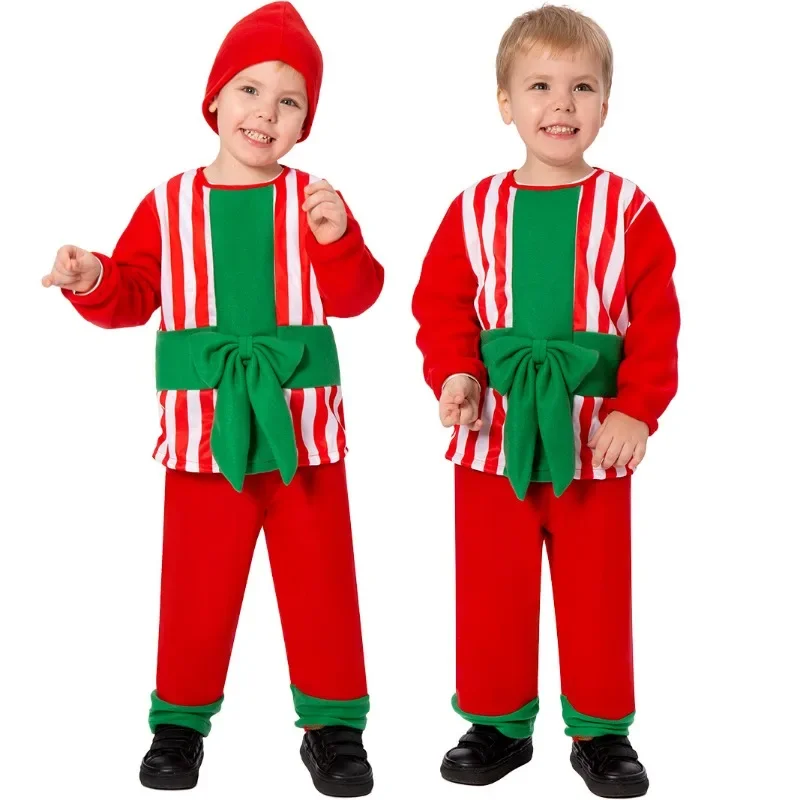 Child Mens Holiday Elf Costume Outfit and Hat for Men Boys Christmas Costume Children Adult Dance Party Halloween Cosplay