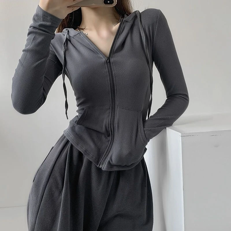 Zipper Hooded Women Solid Gray Long Sleeve Slim Fit Sudaderas Para Mujer Short Zip Up Sweatshirt American Vintage Coats Spring