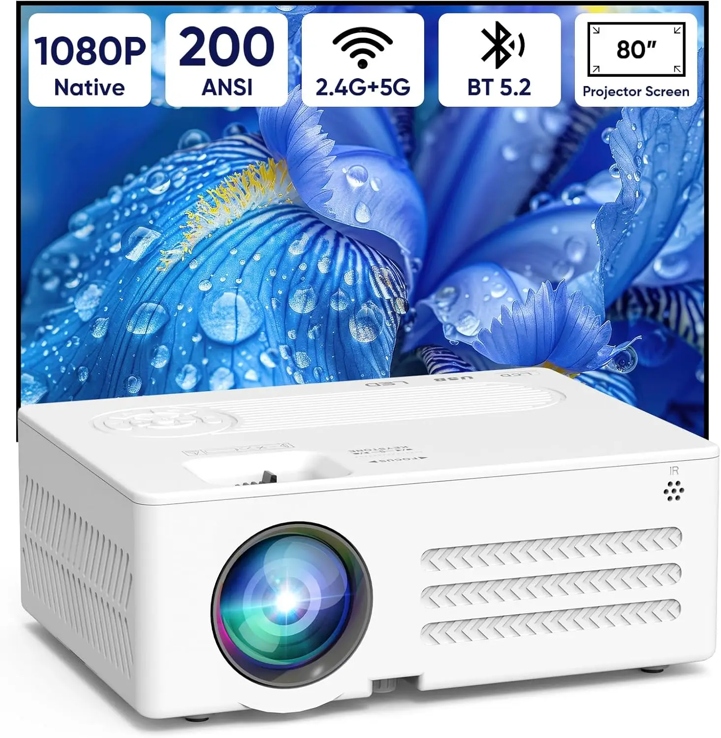 

Мини-проектор с Wi-Fi и Bluetooth, поддержка 1080P и 4K, портативный для домашнего и уличного использования