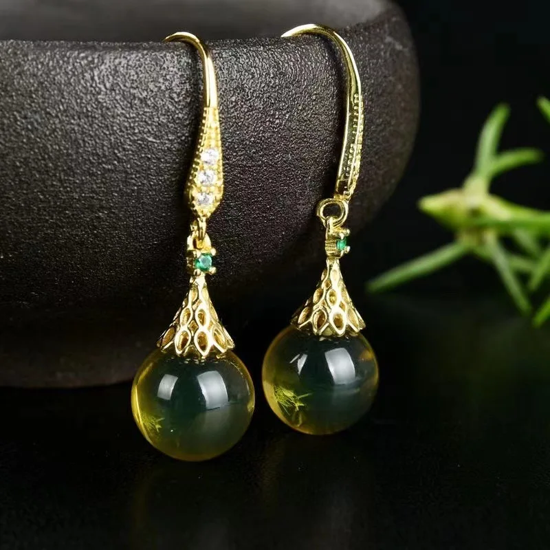 Natural Amber Mexican Blue Pendant Earrings Water Purifying Blue Pendant Earrings Honey Wax  Pendant Retro Jewelry