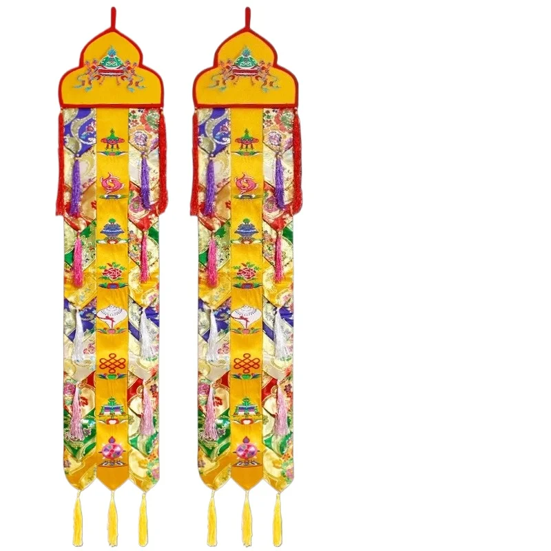 100cm Golden Fabric Hand‑Embroidered Eight Auspicious Vertical Banner Couplet for Buddhist Hall Wall Decor