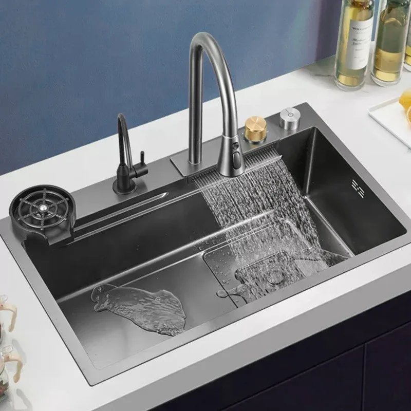 

Waterfall Sink Kitchen Sink 304 Stainless Steel Large Single Slot Bowl Wash Basin With Faucet Cutting Board Drain Accessorie