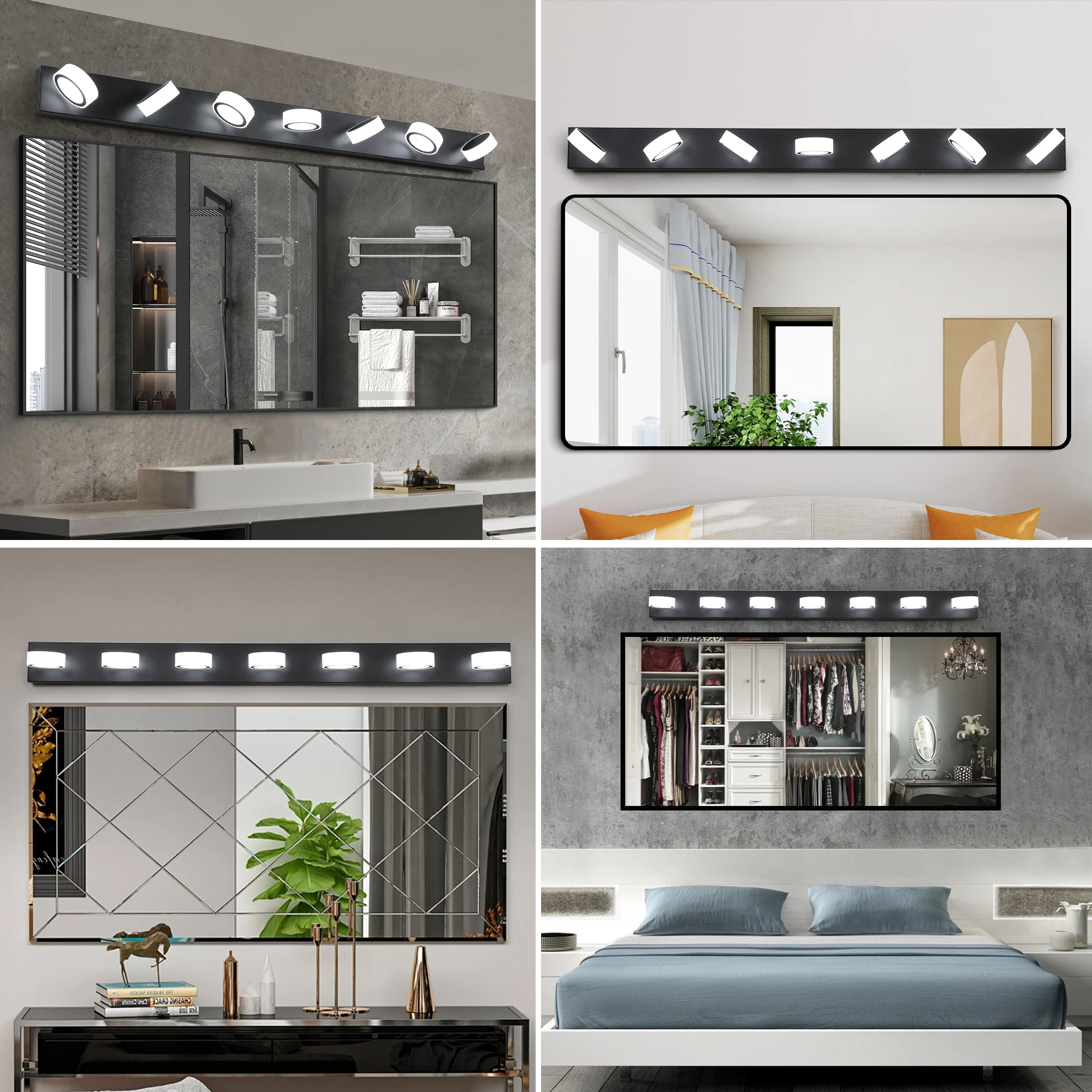 Modern 7-Light LED Vanity Light Fixture - Black Iron Finish with Acrylic Shades - Energy-Efficient Bathroom Wall Sconce Dimmable