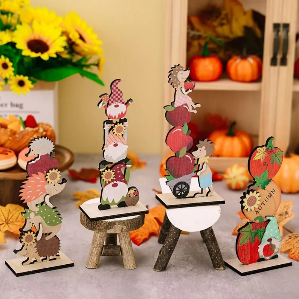 4 Styles Cute Harvest Season Rudolp Ornaments Cartoon Craft Pumpkin Wooden Ornaments DIY Hedgehog Wooden Decorative Desk