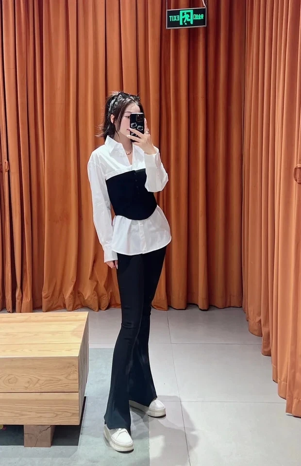 2024 Spring Summer Casual New Women High Quality White Shirt Blouse With Black Knitted Vest Tops