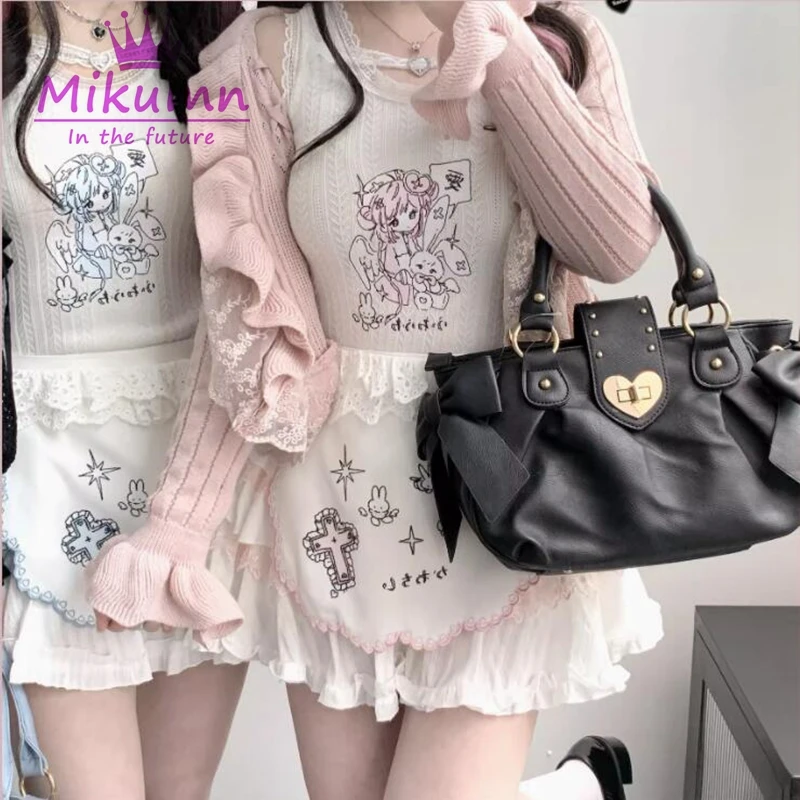 Harajuku Sweet Women Skirts Gothic Y2k Lolita Cartoon Embroidery Lace-up Cake Mini Skirt Japanese Style Girls Kawaii Short Skirt