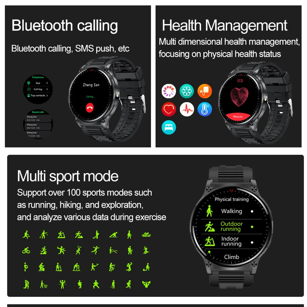 Montre intelligente de sport pour homme, boussole extérieure, lampe de poche, appel Bluetooth, fréquence cardiaque, santé, NDavid, musique, météo, montre intelligente de fitness