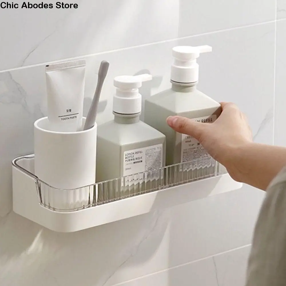 

Practical Wall Mounted Bathroom Storage Rack Plastic Space Saving Toiletries Holder No Nail Rustproof Bathroom Shelf Cosmetic