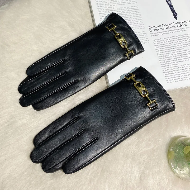 Genuine Leather Gloves Women Plush Touch Screen Driving Cycling Warm Windproof guantes Sheepskin Full Finger Light luxury Gloves