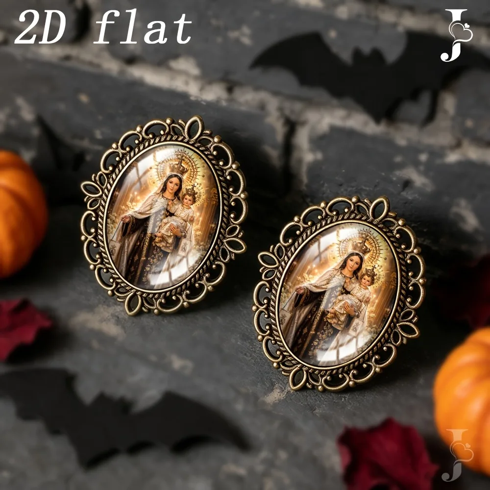 6-20Pcs Oval Virgin Mary Baby Jesus Glass Brooch, Vintage Hollow Lace Zinc Alloy Lapel Pin, 2D Flat Portrait Badge Souvenir Gift