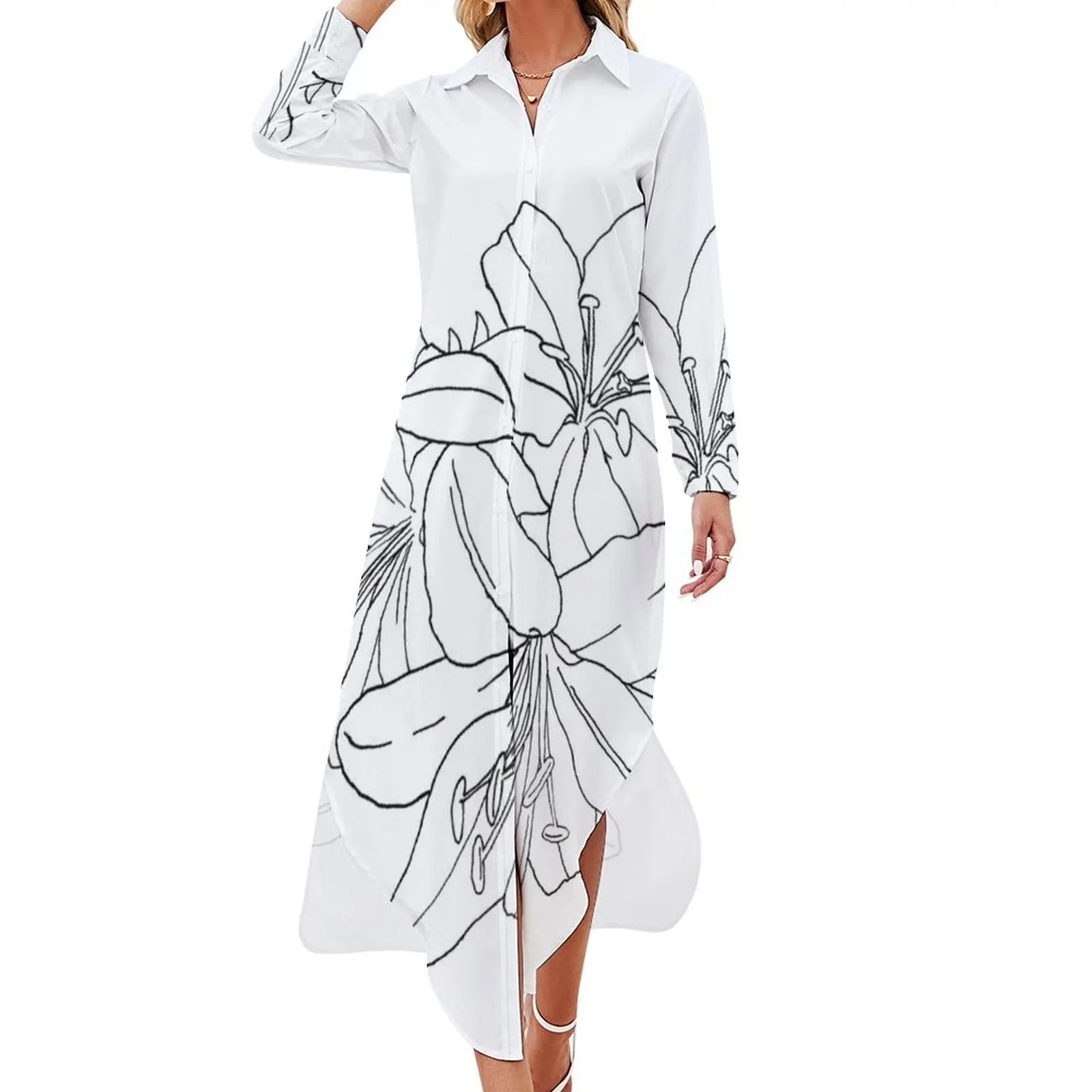 

Lilies ink line art Long Sleeved Shirt Dress dresses for woman 2024 clothing women summer 2024