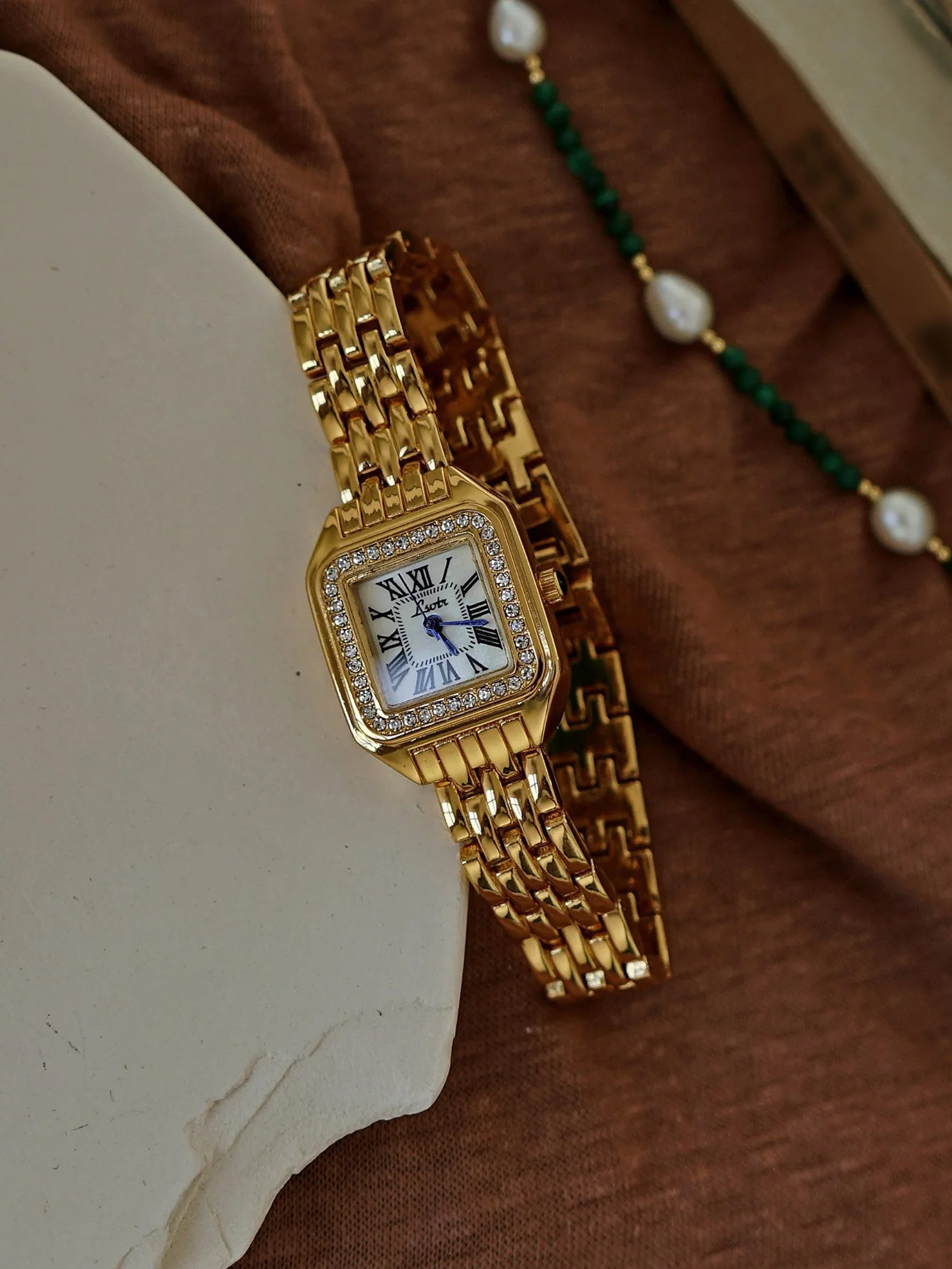 1pc New Arrival Gold-Tone Square Dial Women's Waterproof Watch With Inlaid Rhinestone, Elegant & Simple Style, Watch for Women