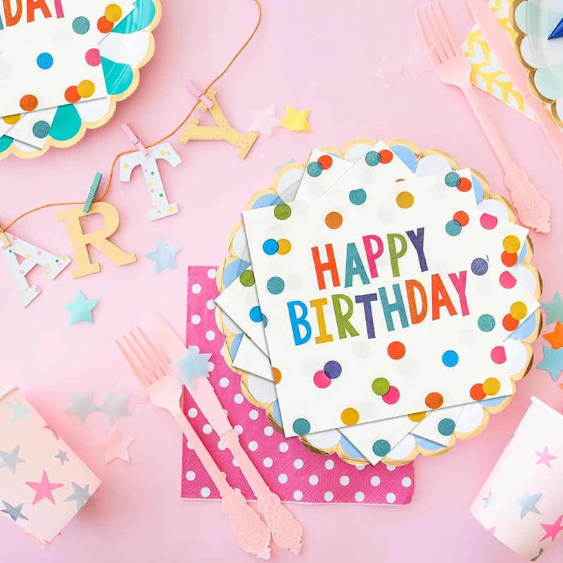 20Pcs Happy Birthday Paper Napkins, Disposable Cocktail Napkins with Colourful Dots for Kids Birthday, Baby Shower Party
