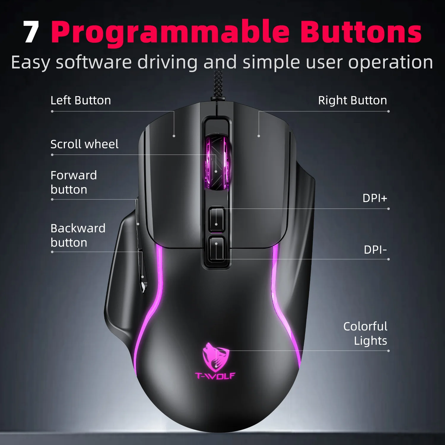 G540 gaming mouse, mechanical design, 7-key RGB lighting, wired mouse with macro programming and driver, wired mouse