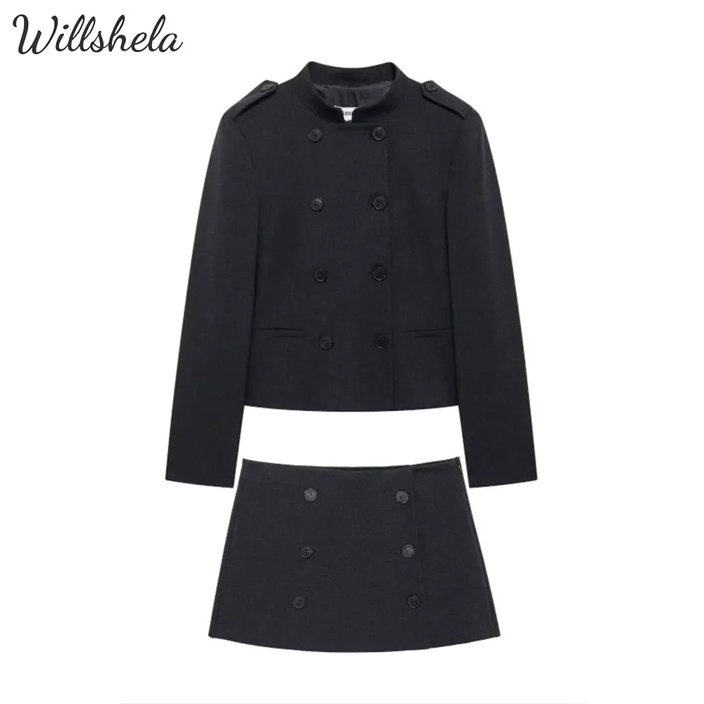 Willshela Women 2 Pieces Sets Slim Jacket and Skort Long Sleeves Female Chic Lady Mujer Casual Outifts and Skirt Coordinates