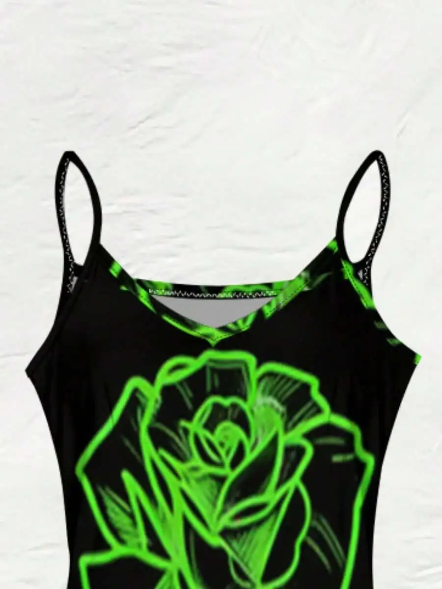 

Neon Green Rose Print Backless Spaghetti Strap Top Casual Sexy Knitted Tank Top