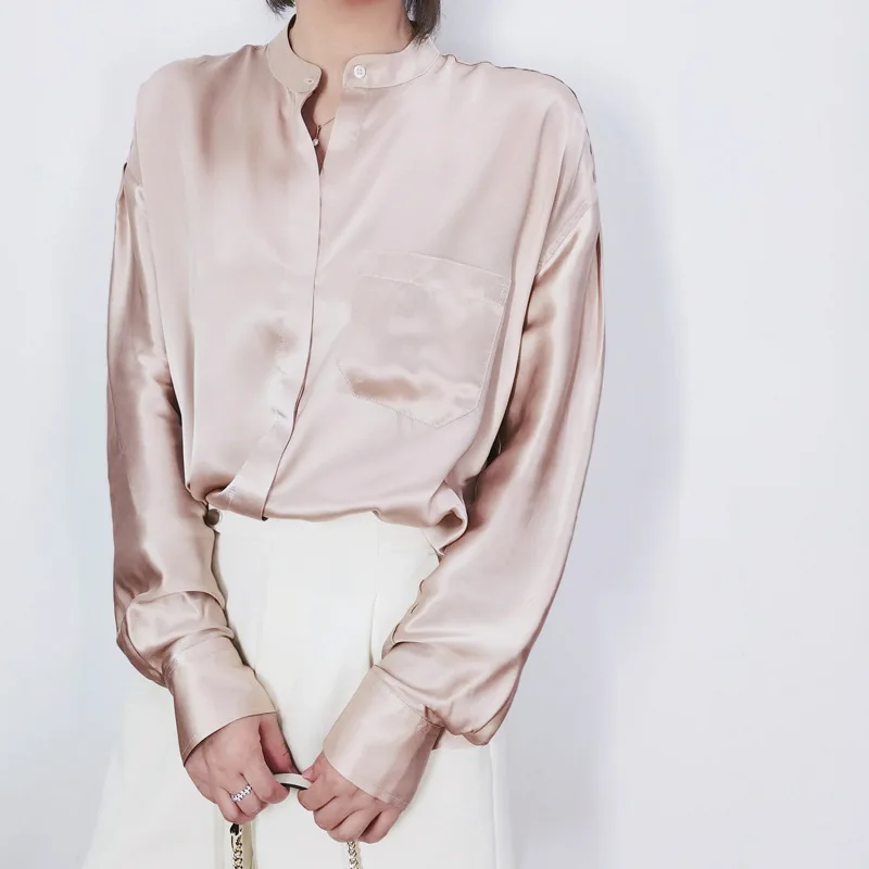 

2024 Spring Summber Tops Stand-up Collar Silk Crepe Satin Champagne Pink Button-down Shirt Women